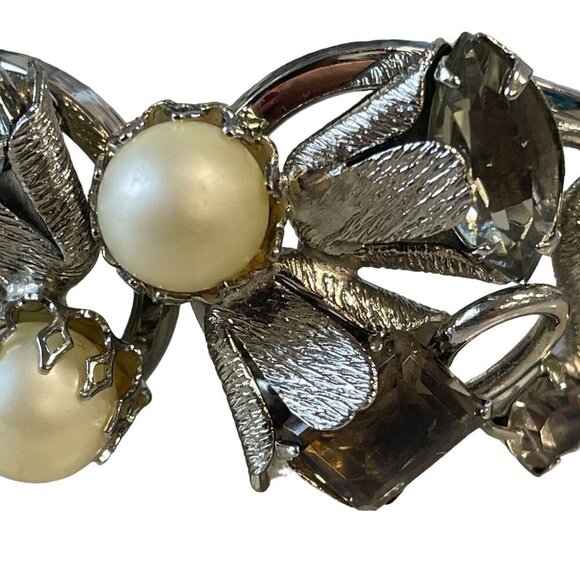Vintage Silver-Tone Bracelet with Faux Pearls & Smoky Quartz Crystals Statement - Picture 6 of 15